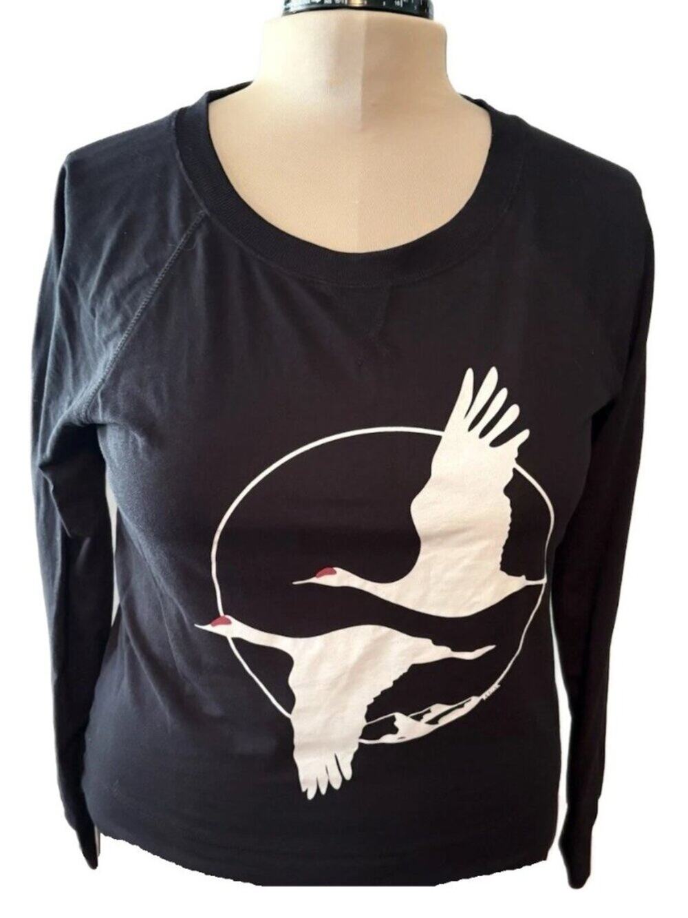 District Crane Bird Graphic T Shirt Tee Size L Black EUC Unisex